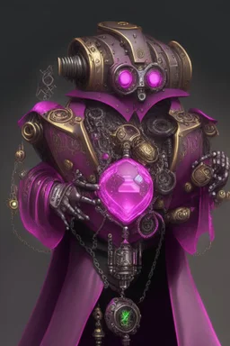 A steampunk robot with a pink gem in its chest wearing a black robe