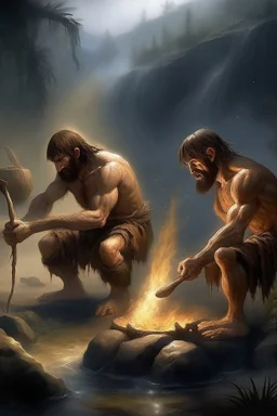 Create an image of two prehistoric human characters in an early Stone Age setting, surrounded by a dusky, misty environment suggestive of early morning. One character is bending over, inadvertently creating a stream of fire from their posterior, a humorous play on the discovery of fire. The other character, standing upright, is holding a primitive tool and laughing heartily at the scene. Both are wearing rough animal fur clothing. The scene is lighthearted, capturing a comedic moment between tw