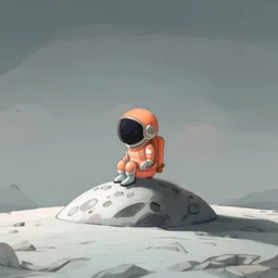 A whimsical digital illustration of a cartoonish astronaut, delicately rendered in soft pastel hues, sitting on a tiny, cratered moon, lost in thought as they stare out into the vast, starry expanse of empty space, their bright orange spacesuit a pop of color against the muted, celestial backdrop, with subtle texture and gentle shading adding depth to the minimalist composition, evoking a sense of wonder and contemplation, as if pondering the mysteries of the cosmos, amidst the eerie silence of