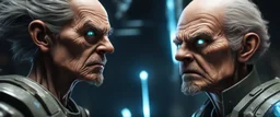 Close-up confrontation between an ancient alien outcast leader and a space broker, standing only a meter apart, intense eye contact, glowing crystalline rod between them, anger mixed with sadness, dramatic facial expressions, shallow depth of field, cinematic lighting, stylized 3D anime, airbrush painting, crisp outlines, escher , rembrandt and titian, fallout 4