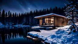 night, Δασος από ελατα στην ακρη μιας λιμνης,a modern winter cabin of wood ,lakeside