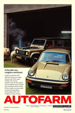 smoking 1980s so so super sexy print Porsche autofarm magazine advertisement, vivid colours from the 80s, mcdonalds ad from the 80s, mac computer ad from the 80s, featuring a landrover being fixed at a farm. sheep are all over the place, company name in bold (AUTOFARM), nike print ad style, mac computer ad from the 80s, 1980s rc print advertisement