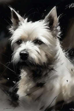 Portrait of a White West highland terrier dog with gentle expression in the style of Agnes Cecile, Willem Haenraets, Yoji Shinkawa, Guy Denning, Florian Nicolle In chalk and rough pastel on rough,textured paper