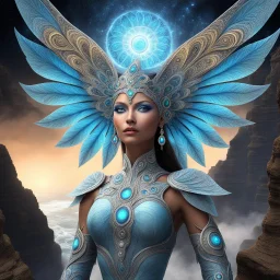 This spiral fractal image consists of At the cliff's edge, a woman of unearthly beauty and power stood, her alien features captivating all who beheld her. Adorned with four eyes and four wings, she exuded a mystical aura that defied mortal understanding. With skin as pure as the cosmos, she radiated an ethereal light, embodying the essence of divinity. In her four arms, she held the balance of creation and destruction, a deity poised at the threshold of possibility. Created using Ultra Fractal