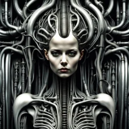 The biomechanical woman created by HR Giger, famous for his work on the Alien franchise, is a striking and surreal fusion of organic and mechanical elements. Her body is often depicted as a complex network of tubes, cables, and other mechanical components seamlessly integrated with her human form. The result is a truly unique and unsettling creature that blurs the line between man and machine. Giger's biomechanical women are often depicted in a state of eerie calm, their features an unsettling m