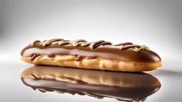 Eclair with caramel decoration on white reflective background.