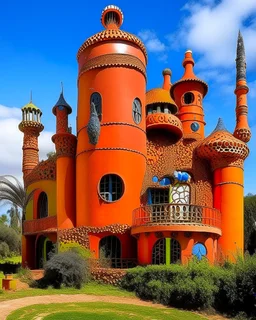 An orange colored castle with a fighter's arena designed in African pottery painted by Wassily Kandinsky