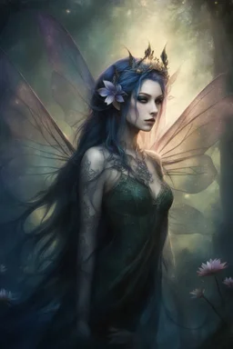 Blue hair , , dark Fairy wings Purple hair,water lilies,dark fairy princess,nymph,elven crown,dragonflies,tiara,,gothic,glitter,rapunzel hair, very long hair, sparkle