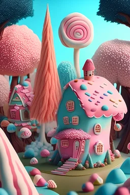 a sweet land with lollipop trees and cotton candy bushes and many houses made out of sweets some of the houses are made of gingerbread, others are made of big soft marshmallows