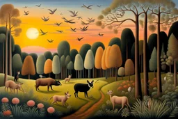 A forest glade with animals at sunset by artist "Henri Rousseau" with an axe