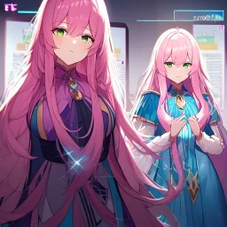 Clear focus,8k,Beatiful Lighting,Detailed, pink long fluffy hair, long fluffy bangs, green eyes, wearing a stunning sparkling outfit, dating game, dialogue at the bottom of the screen