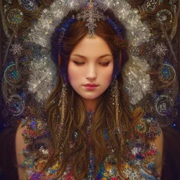 portrait,"Insanely detailed photograph of a beautiful Queen of the light Goddess,gorgeous clean face, highly intricate dress,intricately designed colorful snowflakes in hair,elegant, highly detailed hair, digital painting, artstation, concept art, smooth, sharp focus, illustration, art by artgerm and greg rutkowski, alphonse mucha,Dan witz, 8 k,looking downward,album cover art,fantasy