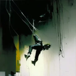 Minimal abstract oil paintings falling person limbs sinew. concrete fragments architecture and hanging wires illuminated at night style of Justin Mortimer and Phil Hale and Ashley Wood