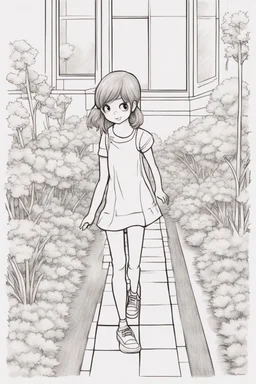 A little girl exploring a garden filled with square-shaped flowers and bushes. Incorporate squares for flower petals, windows, and garden pathways.,very happy , Colloring page for todlliers ; basic hawali style cartoon , black and white , ink outlines , , smooth , anime style , minimalist , cute eyes , full body , white shose , sketchbook , realistic sketch , free lines , on paper , character sheet , clean line art high detailed