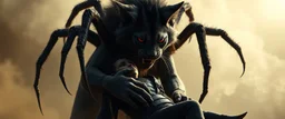 vampire space spider lion cat holding a human in its grip