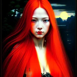stunningly beautiful cyberpunk woman, red to orange hair hyper realist, hyper detailed, intricate, awesome, masterpiece,by Camille Corot, by Katsushika Hokusai, Graphemes, Light Painting, Soviet Art, Technicolor