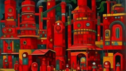 A dark scarlet red frantic factory with furnaces designed in Matryoshka dolls painted by Wassily Kandinsky