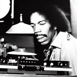 Jimi Hendrix at a turntable with headphones on being a DJ, cigarette