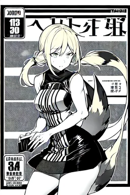 blonde girl with tails, line arts, manga cover, greyscale