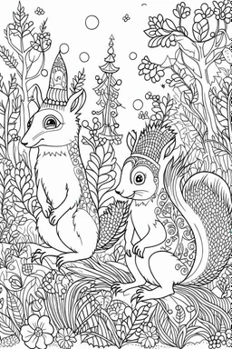 HAPPY NEW YEAR coloring page for kids,Squirrel duo amid festive forest , thick outline, low details, no shading, no color