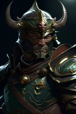 the ultimate dual wielder in dungeons and dragons, unending inner conflict of good and evil is visible in his character design and wearing asian inspired plate armor with a helmet that has a demon mask built into it. hyperrealistic, photorealism, illustration, art, digital art, 4k artwork, ranger gloomstalker, warlock, rogue, paladin