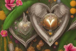 Tropical flowers, realistic heart drawing, crystals, tropical leaves, sacred altar, Fantasy temple