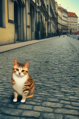 Small cat sitting in the foreground of street in Vienna Austria