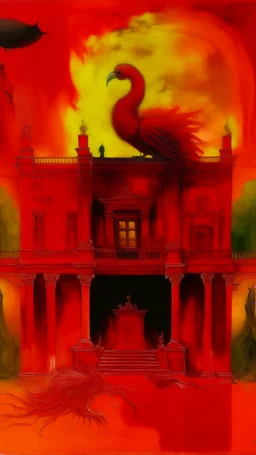 A red palace with a monstrous phoenix painted by painted by Mark Rothko