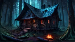 A gritty, full-body shot of an insatiably evil black opal iridescent pearlescent dark witchy log cabin in a surreal fantasy forest, macabre, Dariusz Zawadzki art style, liminal spaces, horror art, dark gaming background, wet, glossy, horror art, trypophobia, eerie, intricate details, HDR, beautifully shot, hyperrealistic, sharp focus, back lit, 64 megapixels, perfect composition, high contrast, cinematic