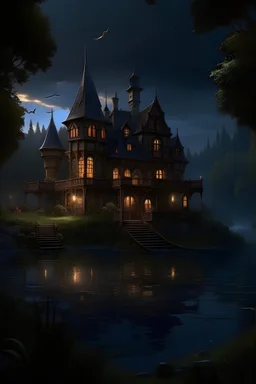 Photograph of a realistic, cozy, inviting castle mansion. Large windows to the ground, a gallery. Hidden away in a forest. Nighttime, nearly dark. At the edge of a lake, with a porch hanging low over the lake, with cozy chairs on it. A dragon is flying in the sky in the background.