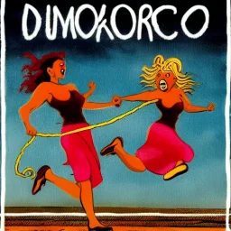 Two women skipping with a rope while demons and angry gods fight in the background, in the style of a Michael Moorcock book cover.