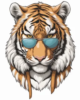 Funny tiger wearing sunglasses illustration, white background, no shadows and clear and well outlined