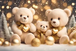 cute teddy bears holding hearts covered in sparkling gold glitter, beautiful winter composition, snowflakes, pine branches, Christmas ornaments and glowing Christmas lights