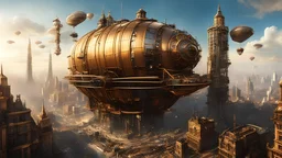 create a render: In a metropolis of steampunk wonders, envision a cityscape where towering skyscrapers of brass and iron pierce the skyline. Glide through this industrial marvel as airships, fueled by the rhythmic hum of mechanical ingenuity, gracefully navigate the spaces between these majestic structures. Inspired by the imaginative flair of Jorge Jacinto, picture a bustling steampunk world where the fusion of Victorian aesthetics and futuristic technology gives rise to a visually stunning urb