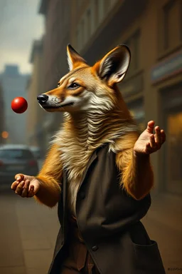 aardwolf man juggling, painting by Rembrandt, with motion blur city background