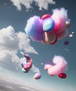 Ultra realistic speed clouds sky scene, wide angle view, sweet childs falling down, inflatable color clothing, free jumping flying, many trinkets, monster head, hair monster, many jelly beans, balls, color smoke, smile, happy, circus style, extreme, wind, clouds sea, 20,000 feet altitude, stratosphere, soft color, highly detailed, unreal engine 5, ray tracing, RTX, lumen lighting, ultra detail, volumetric lighting, 3d, finely drawn, high definition, high resolution.