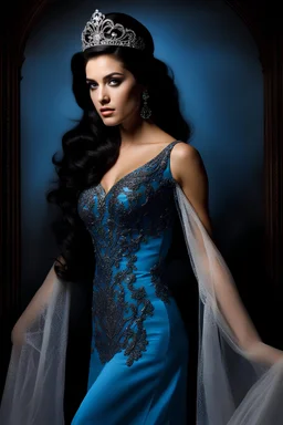 dark brown wood panel background with an overhead spotlight effect, 18-year-old Princess, Wendy Breeze, Resembles Elvis Presley, Queen of Werewolves, with Black hair, blue eyes, stacked, head and shoulders portrait, wearing a blue, lacy Prom dress with a tiara, full color -- Absolute Reality v6, Absolute reality, Realism Engine XL - v1