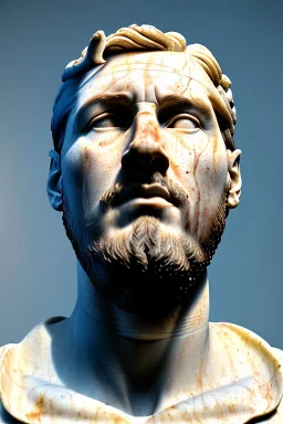 Ultra Realistic image, classical renaissance sculpture, white marble material, Lionel Messi, emperor, gold Laurel leaves crown, miguel angel style, chisel style, emperor, waist up portrait, epic, celestial, cinematic lighting, God light, god rays, 4k resolution, smooth details, ornate details, soft lighting, unreal engine 5, sky background.