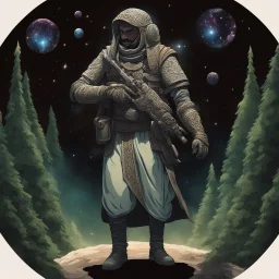 The Muslim commander in a battle dress made of galaxies and stars with a glove that has seven endless stones with a powerful army behind him A forest with dense trees in space between galaxies