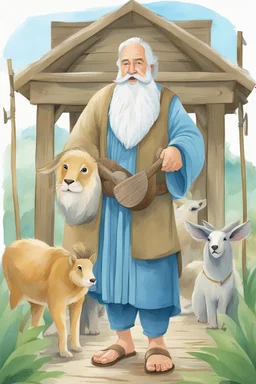 noah, big white beard, sandals, long tunic, hammer in tour hands, Arca de Noé com muitos animais, estilo cartoon, aquarela, pintura digital, 2D, vetor