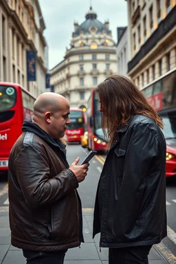 A stalker wants an autograph from a long-haired rock musician on a street in central London. The stalker is an overweight soon bald 25-year-old and looks a bit slimy, the atmosphere is oppressive and unpleasant, lot of traffic and london busses, hectic hour, a nice hotel