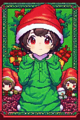 Pixel Art style and anime style, Child girl, short brown hair, has red eyes, He has pink dots on his cheeks, wears a green shirt horizontally striped with yellow, He's in a snow-covered place, he's wearing a standard red Christmas hat,