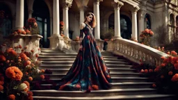 stunning fashion photo of a woman stands nice stairs best pose in extreme weird dress in garden, her is perfect beauty face, perfect full body, sunshine, , lace, deep colors, fine flower patterns, geometric, high detailed, sharp focus, stunning weird fashion, futuristic-Rococo style, best quality , professional photographer, best nikon shoot