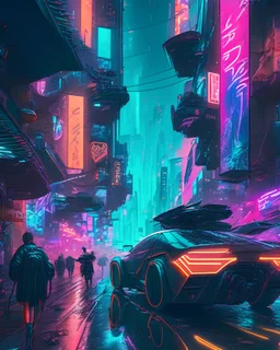 A bustling city street in the heart of a neon-lit, cyberpunk metropolis, filled with diverse characters and futuristic technology. The scene is a blend of gritty realism and vivid imagination, with towering holographic advertisements, sleek vehicles, and a cacophony of sights and sounds. 32K UHD, dynamic colors, and intricate details create an immersive and engaging image.