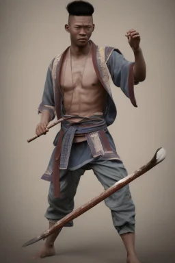 A young male water genasi with deep blue skin color, water shape dred hair on head. Shaolin monk with long stick weapon, kung fu master, martial art