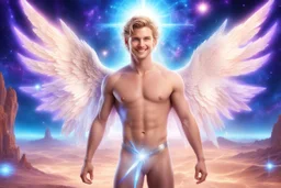 cosmic bionic beautiful men, smiling, with light blue eyes and long shirtless and angelic wings, in a magic extraterrestrial landscape with coloured land, stars and bright beam in the sky