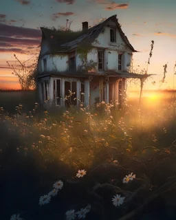 A melancholic and nostalgic image of an old abandoned house, with peeling paint and overgrown vines, surrounded by a field of wildflowers, with the sun setting in the background.