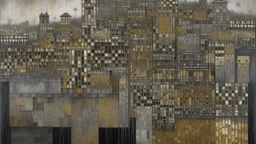 A gray city made out of metal painted by Gustav Klimt