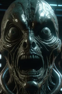 A space man , brutal face, tron, head, burn eyes, 8k, finely detailed, dark light, photo realistic, hr giger, cyberpunk, dangly things hanging from his face,award-winning, higher detail, photorealistic, horror, nightmare, insane graphics, perfect lighting in shadowing, image upscaling X 2,