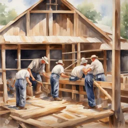 building a Barn in Amish country featuring togetherness and teamwork, men on unfinished building rafters doing work, detailed watercolor with fine brush strokes, artistic, impressionism, volumetric natural lighting, concept art, beautiful, scenic, by Norman Rockwell, trending on Midjourney